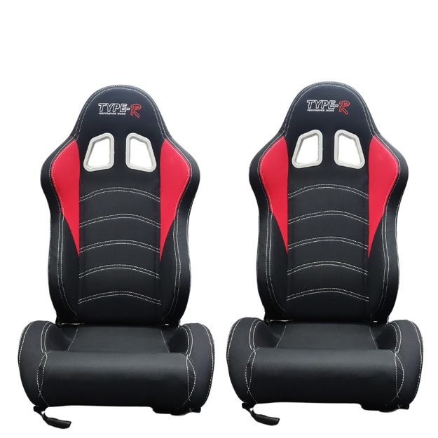 Type R - Racing Seats (Cloth/Red & Black)      Red & Black Cloth Racing Seats with white stiching     2 x Adjustable Rails included     Reclinable and Ajustable     Sold in Pairs Only
