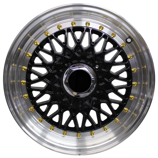 15 inch - BSS - 4X100/114 - Black Machine Lip-  Gold Rivets