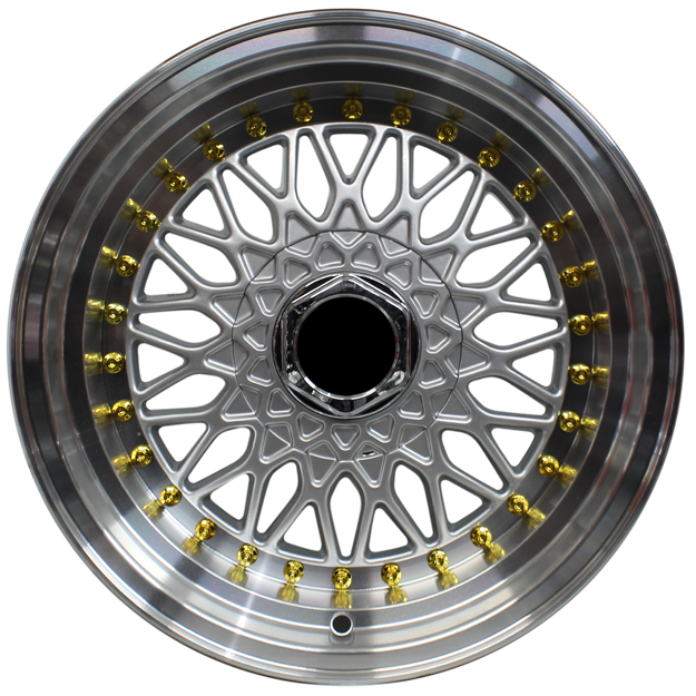 15 inch - BSS - 4X100/114 - Silver Machine Lip-  Gold Rivets 
