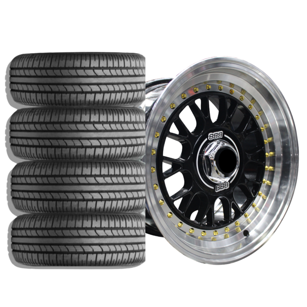 15 Inch - PORCHE BSS - 4X100/108 - Black Machined Lip + Gold Rivets - Combo Deal