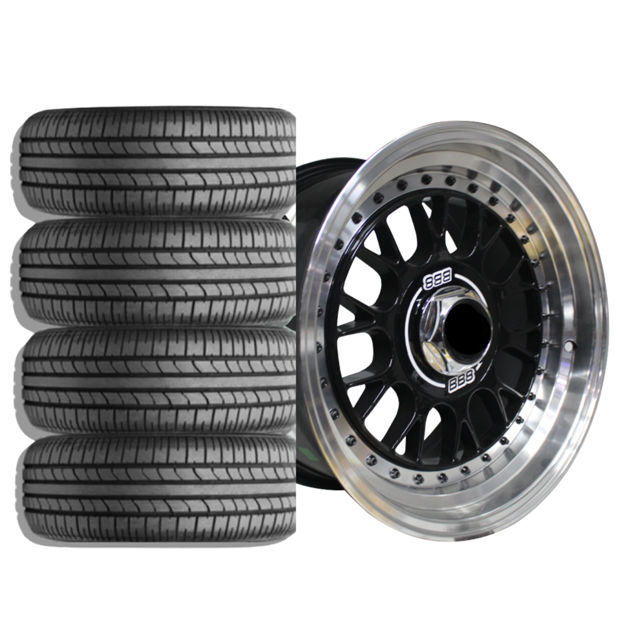 15 inch - Porche BSS  - 4X100/114 -  Black Machine Lip - Black Rivets Combo Deal