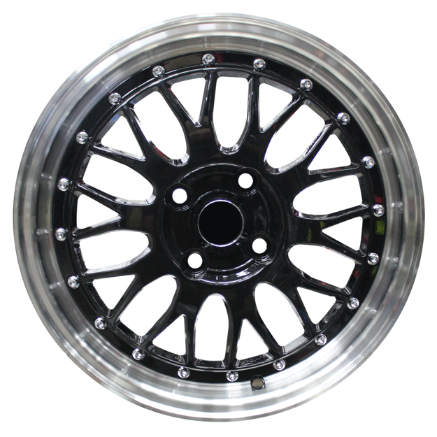 15 Inch - LM iLLUSION - 4x100 -  Gloss Black  + Silver Machined Lip + Silver Rivets
