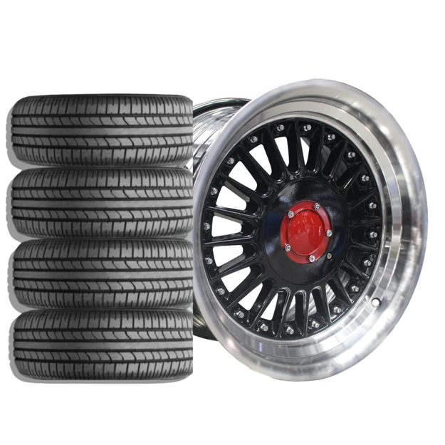 15 inch - Berlin Pro - 4X100/114 - Black Machined Lip Silver Rivets - Combo Deal