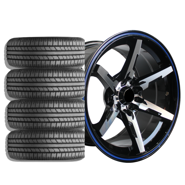 15 Inch - Tirismo - 4X100/108 - Black Machined Face + Blue Line - Combo Deal