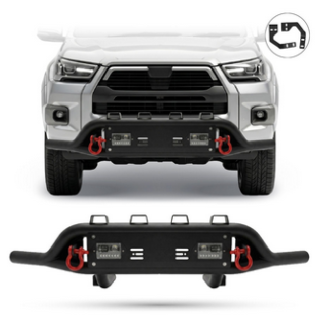 Hilux 2021 Steel Front Styling Bar Black with Red Shackles and Fog Lights